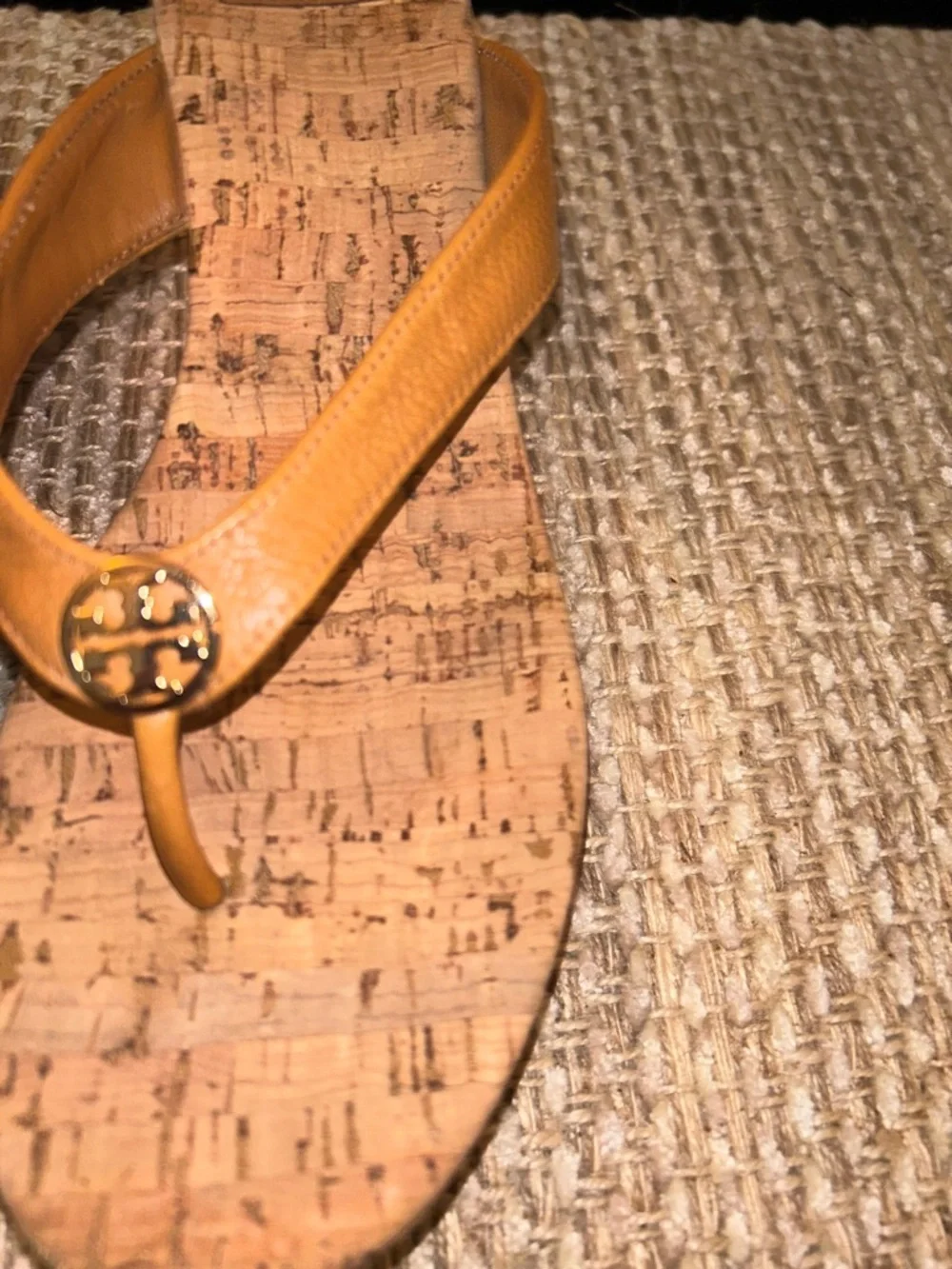 Tory Burch Metalic Gold Suzy Sandal Size 9.5 Cork Wedge Thong Platform